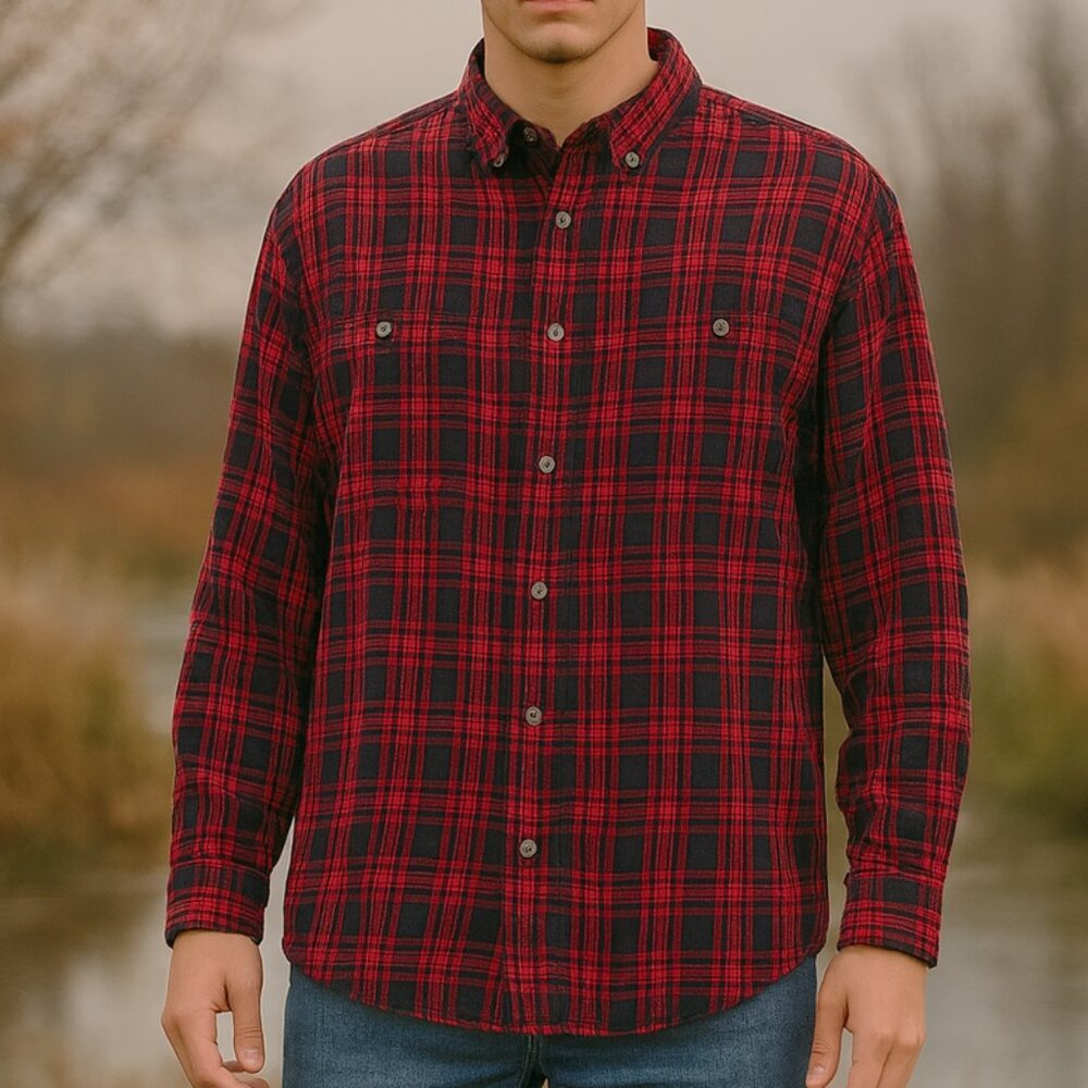 Duluth Trading Free Swingin Flannel Shirt Men’s‎ Large Red Black Plaid 52007
